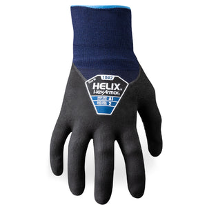 Back of hand view of Helix 1051 food safe gloves showcasing the glove label and HPPE/nylon blend shell.