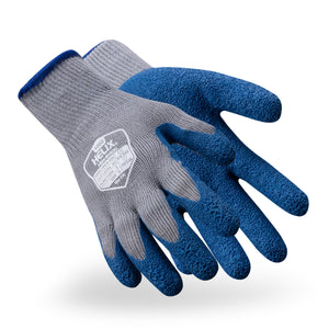 Pair of general purpose Helix® 1060 10-gauge wrinkle rubber latex palm coated gloves.