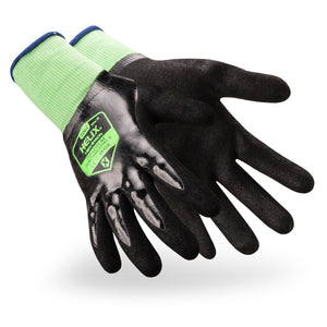 Pair of general purpose Helix 1062 18-gauge sandy nitrile palm coated gloves.
