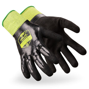 Pair of general purpose Helix 1064 double-dipped flexible sandy nitrile palm coated gloves.