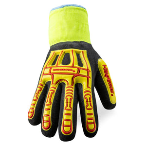 Back of hand view of Rig Lizard Thin Lizzie 2099 thermal glove showcasing the impact protection.