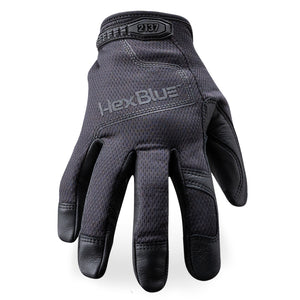 Back of hand view of black HexBlue 2137 law enforcement safety gloves showing the breathable back of hand material.