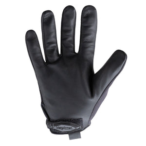 Palm view of black HexBlue 2137 law enforcement safety gloves showing the thin goatskin leather palm.