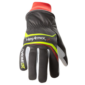 Back of hand view of Chrome SLT 4075W cold weather leather glove showcasing the HexArmor logo.