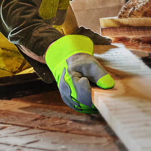 wood worker wearing SteelLeather 5039 moving wood boards