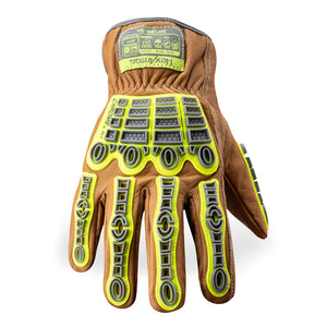 Back of hand view of pfas-free chrome slt 5071imp impact leather gloves with water and oil resistant sustainable leather treatment.