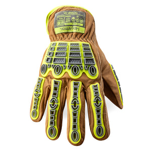 Back of hand view of pfas-free chrome slt 5072imp impact leather gloves with water and oil resistant sustainable leather treatment.