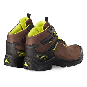 Back side of waterproof boots showcasing Xbase WP hi-vis details on the liner and heel.