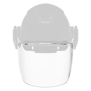 Face shield window attached to a helmet front view
