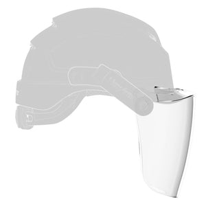 Face shield window attached to a helmet side view