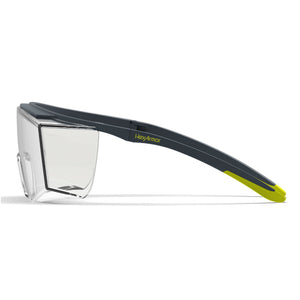LT250 anti-fog safety glasses from the side showcasing the depth of the lens to fit over glasses.