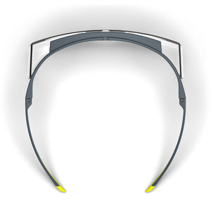 Grey and yellow LT250 OTG safety glasses shown as they are sitting on a table.