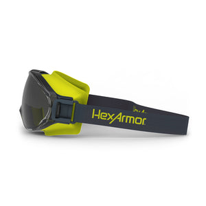 LT300 grey anti-fog safety goggles from the side showcasing the HexArmor logo on the strap.