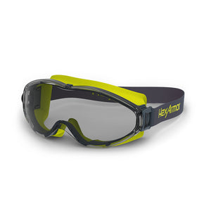 Grey and yellow LT300 grey anti-fog safety goggles shown as they are sitting on a table.