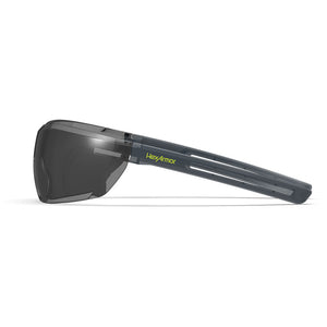 LT400 grey anti-fog safety glasses from the side showcasing the HexArmor logo on the frame.