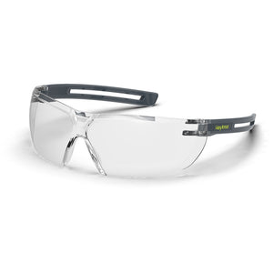 Grey LT400 anti-fog safety glasses shown as they are sitting on a table.