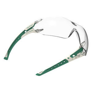 Floating white and green MX225 planet series sustainable premium safety glasses showcasing the optical clarity of the lenses.
