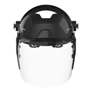 Ultrex1 standalone face shield as shown from the front with the face shield down.