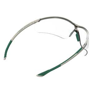 Green and white VS250 planet series sustainable premium safety glasses showcasing the optical clarity of the lenses.