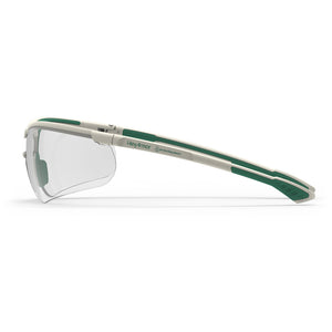 Green and white VS250 planet series sustainable anti-fog safety glasses from the side showcasing the HexArmor logo on the frame.