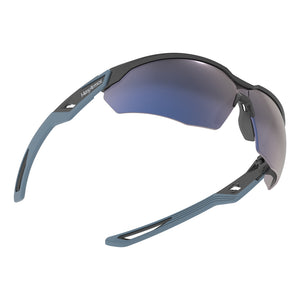 VuFlight blue mirror safety glasses showcasing the optical clarity of the rimless lenses.