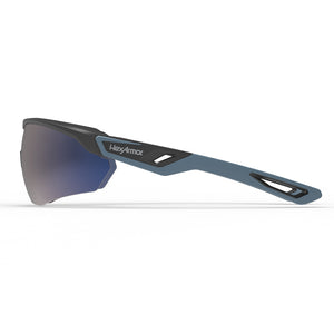 VuFlight blue mirror safety glasses from the side showcasing the HexArmor logo on the frame.