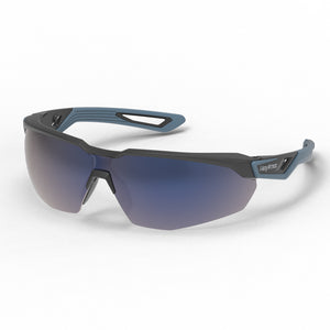 VuFlight blue mirror safety glasses shown as they are sitting on a table.