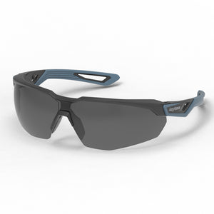 VuFlight grey 12% safety glasses shown as they are sitting on a table.