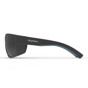 VuForce grey 12% safety glasses from the side showcasing the HexArmor logo on the frame.