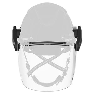 Ceros® XA Click-and-Go® magnetic face shield kit attached on helmet front view