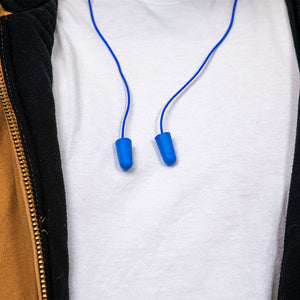 accuFit blue color detachable disposable earplug with cord around neck of worker