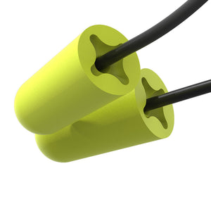 accuFit medium earplug with black cord close up of cord in earplug. Angle view.