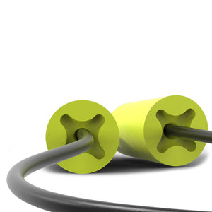 accuFit medium earplug with black cord close up of cord in earplug.