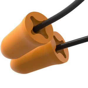 accuFit small earplug with black cord close up of cord in earplug bottom angle view