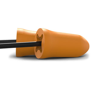 accuFit small earplug with black cord close up of cord in earplug. Side view.