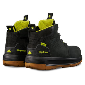 Back side of slip-resistant work boot showcasing Xtend’s hi-vis details on the liner and heel.
