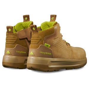 Back side of slip-resistant work boot showcasing Xtend’s hi-vis details on the liner and heel.