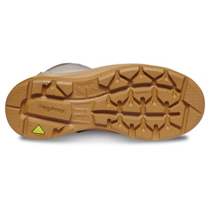 Bottom side of slip-resistant work boot showcasing the unique tread and MACSOLE rubber outsole.