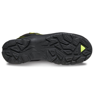 Bottom side of slip-resistant work boot showcasing the unique tread and MACSOLE rubber outsole.