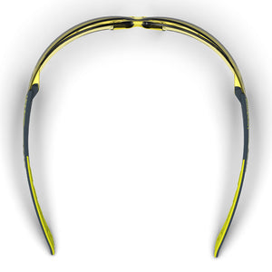MX200 amber scratch-resistant safety glasses from the top-down showcasing the nose piece and temples.
