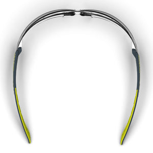 MX200 scratch-resistant safety glasses from the top-down showcasing the nose piece and temples.