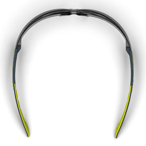 MX200 grey 23 scratch-resistant safety glasses from the top-down showcasing the nose piece and temples.