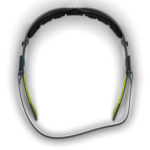 MX200G grey safety spoggles from the top-down showcasing the foam gasket and head strap.