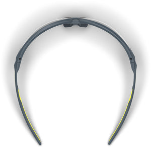 NX1 weld shade safety glasses from the top-down showcasing the dual hard and soft components.