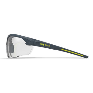 NX1 safety glasses from the side showcasing the HexArmor logo on the frame.
