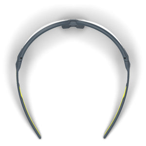 NX1 safety glasses from the top-down showcasing the dual hard and soft components.