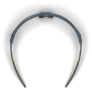 Grey 12% NX1 safety glasses from the top-down showcasing the dual hard and soft components.