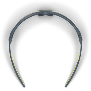 NX1 safety glasses from the top-down showcasing the dual hard and soft components.