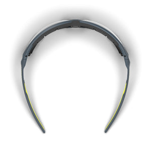 NX1G weld shade gasketed safety glasses from the top-down showcasing the dual hard and soft components.