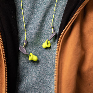 simpleFit® disposable guided earplugs hanging around neck